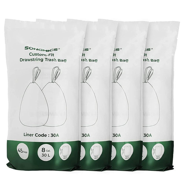 SONGMICS Drawstring Trash Bags, Garbage Bags for 8 Gallon Trash Cans, Trash Liners, Custom-Fit, Liner Code 30A, 4 Rolls, 180 Count, Watertight, for Kitchen, White UKRB030A04