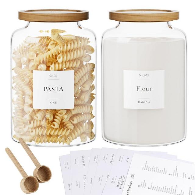 2 PCS Flour Sugar Storage Containers Glass, Large Glass Food Storage Jars with Wood Airtight Lids, 132 Pantry Labels and 2 spoon for Coffee, Flour, Sugar, Spice (1 gallon 4000ml)