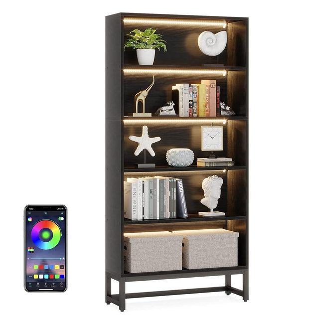 LITTLE TREE 70.8 Inch Tall Bookshelf with LED Light Strip, 5-Tier Large Bookcases Organizer with Storage Shelves, Heavy Duty Free-Standing Library Etagere Shelving Unit for Living Room, Bedroom