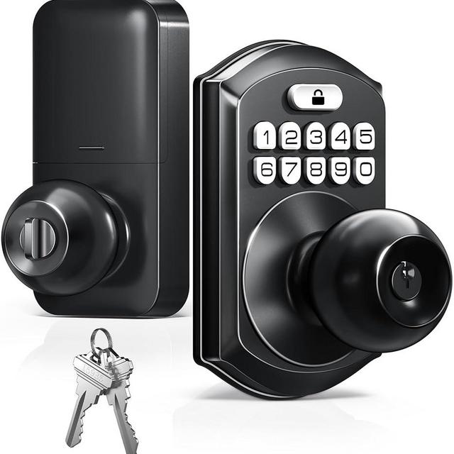 TEEHO TE003 Keyless Entry Keypad Door Lock with Handle, Electronic Digital Smart Locks for Front Door, Smart Door Knob with Code for Bedroom with Interior Locks, Auto Lock, Passage Mode, Matte Black