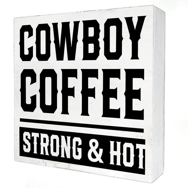 Cowboy Coffee Strong & Hot Wooden Box Sign with Saying Desk Decor 5 x 5 Inch Western Kitchen Box Sign Wood Plaque Block Sign Rustic Art Home Décor
