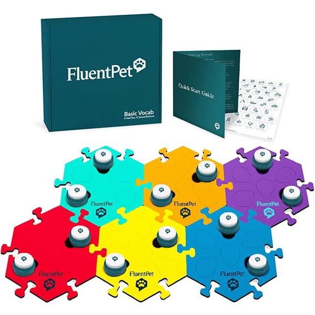 FluentPet Basic Vocab Kit - Set of 12 Recordable Buttons for Dogs & Cats and 8 HexTiles - Customizable Cat & Dog Buttons for Communication - Cat & Dog Talking Button Set with Voice Recording Buttons
