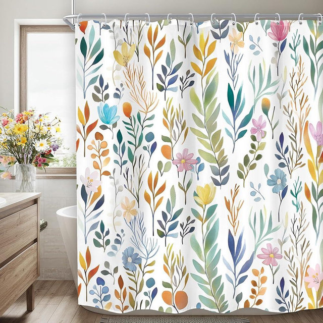 KOMLLEX Colorful Floral Shower Curtain for Bathroom Decor 60Wx72H Inches Boho Watercolor Wildflower Cute Flower Herbs Leaves Plants Botanical Fabric Waterproof Polyester 12 Pack Hooks
