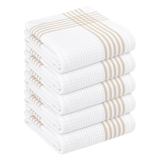 HEIRLOOM COMFORT Beige and White Waffle Kitchen Towels 5 Pack, 100% Cotton, 16x26 Inch, Ultra Absorbent, Fast Dry Dish Towels, Reusable Dishcloths for Drying, Cleaning, Kitchen Use