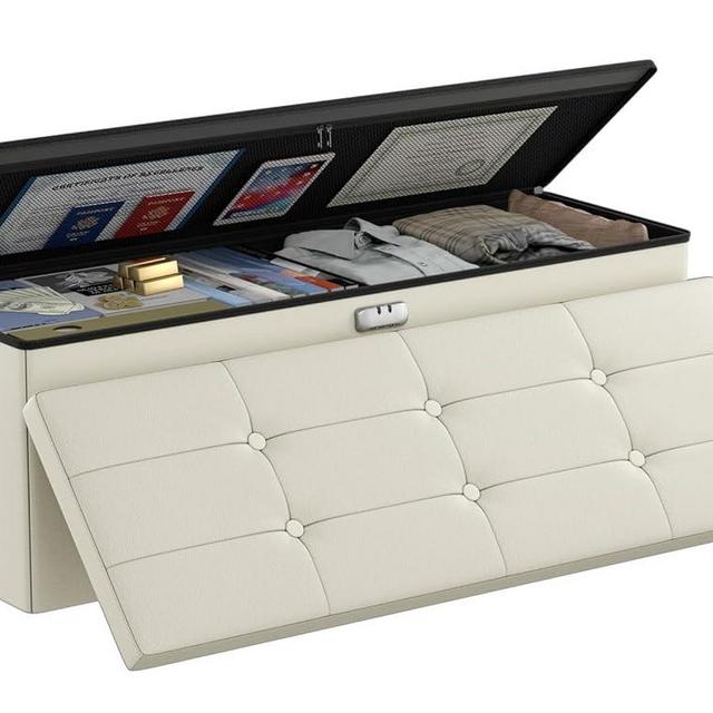 DocSafe Storage Ottoman Bench,Fireproof＆Waterproof Folding Storage Bench with Lock(15”x 43”x15”),Leather Storage Chest with Handles＆2 Extra Storage Boxes,Storage Safe for Bedroom,Living Room,Beige