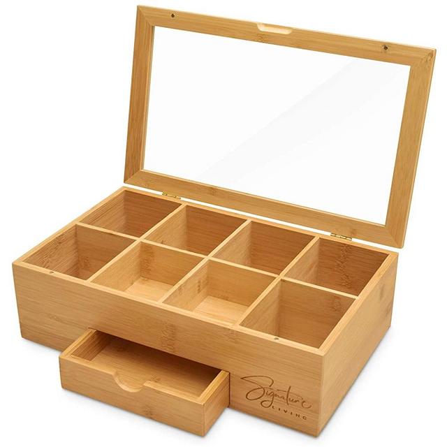 Signature Living Bamboo Wooden Tea Box Storage Organizer with Drawer (8 Compartments) Large Tea Organizer Box for Tea Bags and Loose Tea - Sturdy, Natural Bamboo Materials