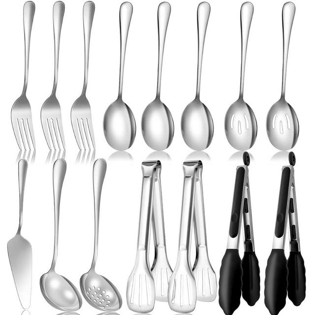 Serving Utensils Set for Partie, Silver Stainless Steel Metal Serveware Large Serving Spoons, Slotted Spoons, Forks, Tongs, Soup and Skimmer Spoon, Cake Server for Buffet, Catering, Entertaining 15pcs