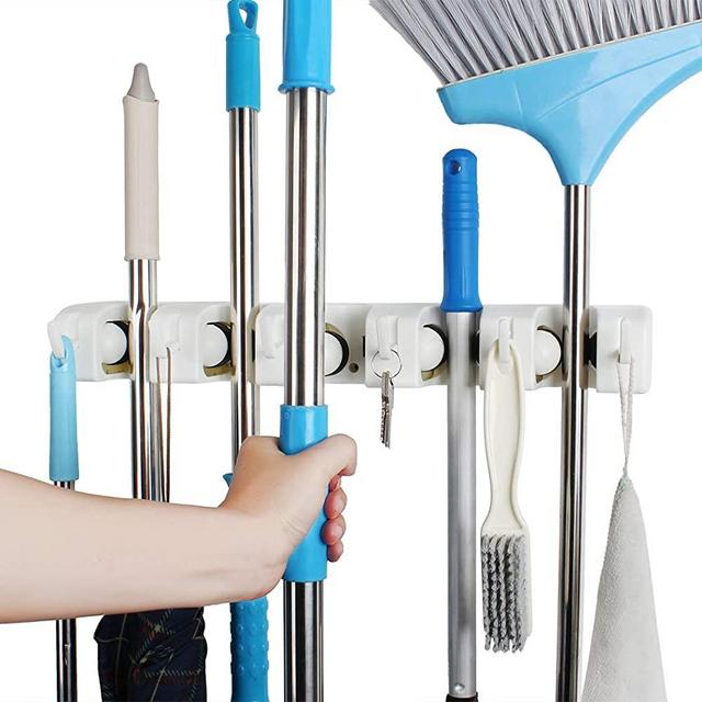 QTJH broom and mop holder wall mounted Storage cleaning Tools Commercial Mop Rack closet organizer tool hanger for Kitchen Garden laundry room and Garage,Handles Up to 1.41-Inches（white)