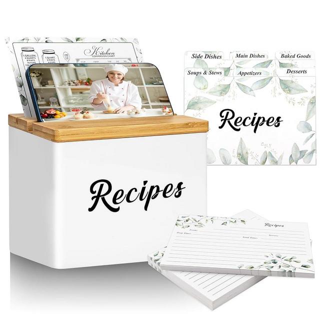 Recipe Box White 4"x6" Recipe Cards and Box Set Recipe Card Box with 50 Cards and 6 Dividers 1 Conversion Card Acrylic Recipe Organizer Recipe Card Holder for Housewarming Wedding Bridal Shower