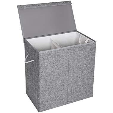 SONGMICS 37.5 Gal (142L) Laundry Hamper, Linenette Fabric Laundry Basket, Divided Clothes Hamper with Magnetic Lid and Handles, Foldable, Removable Liner Bag, Gray ULCB02G