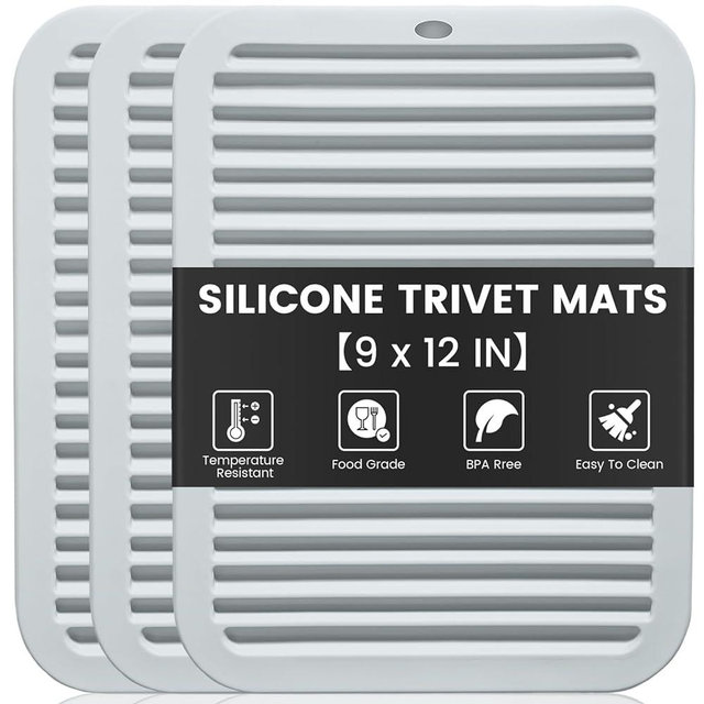 3 PCS Silicone Trivets for Hot Pots and Pans - 9" x 12" Heat Resistant Mat - Hot Pad Trivets for Kitchen Quartz Countertops - Multipurpose Non-Slip Potholders Pot Holders Trivet for Hot Dishes - Grey