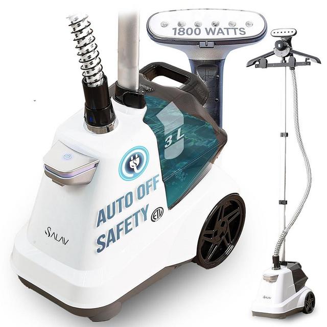 SALAV® Heavy Duty Smart Auto Shut-off Commercial Full-Size Garment Steamer, Beeping Alert when Water Runs out, Foot Pedal Control, XL 3L (101.5 oz) Tank, 1800 watts, 90+min of Continuous Steam, White