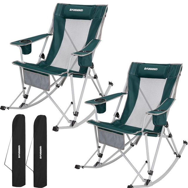 FUNDANGO Rocking Camping Chairs for Adults Portable Outdoor Rocking Chairs Folding, Rocker Camp Chair with Side Pocket for Picnic Outside Backyard Patio Lawn Garden