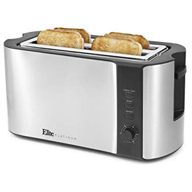 Elite Platinum ECT-3100 Cool Touch Long Slot Toaster with Extra Wide 1.25" Slots for Bagels, 6 Settings, Space Saving Design, Warming Rack, 4 Slice, Stainless Steel & Black