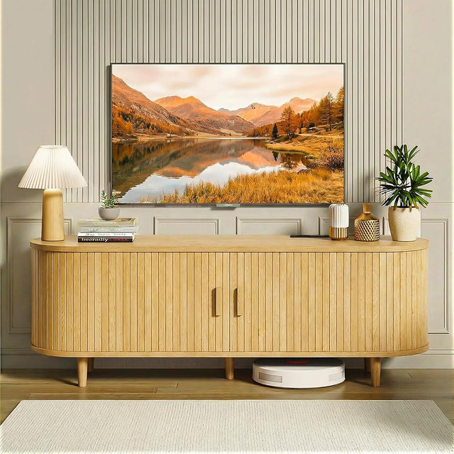 MXV 58" Mid-Century Modern TV Consoles with Sliding Doors, TV Stand with Power Outlet, Fluted Entertainment Center with Adjustable Shelves for Living Room