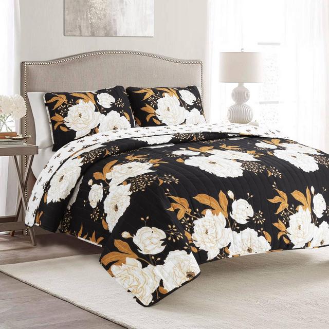 King 3pc Zinnia Floral Quilt Set Black/Gold - Lush Décor