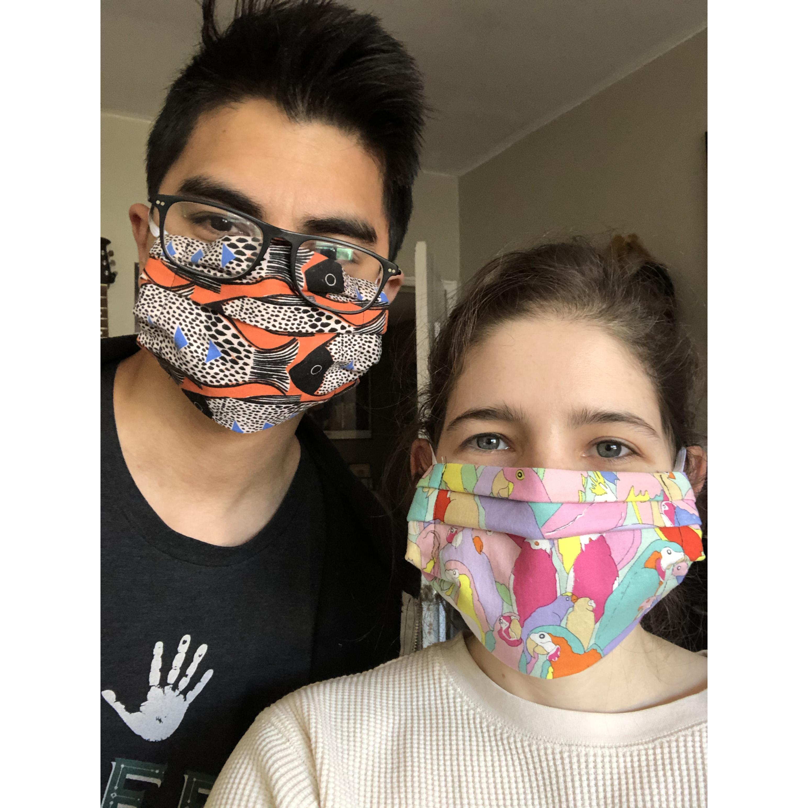 Modeling the masks that Sara sewed in early 2020. We didn't know what we were in for.