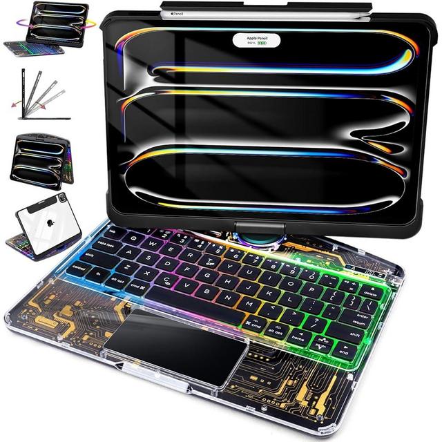 Lecsas Keyboard Case for iPad Pro 13-inch (M4, 2024), Transparent Cyberpunk Shell, 360° Rotating Multi-Touch Trackpad, 7-Color Backlit Keyboard, Pencil Holder, Type-C Charging, Tech Circuit X