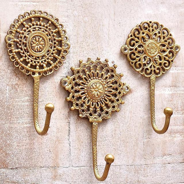 3 Wall Hooks- Decorative Wall Hooks- Gold Hooks- Boho Brass Wall Hooks- Shabby Chic- Key Hooks Holder- Coat Rack Wall Mount- Gold Wall Hooks- Vintage Wall Hooks- Coat Hooks- Hooks for Hanging Coats
