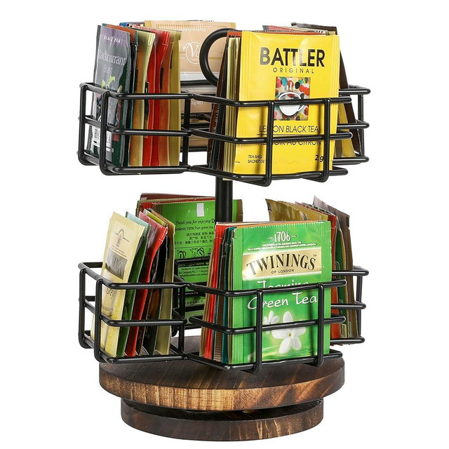 MyGift 8 Compartment Carousel Style Tea Bag Organizer Rack Display - Industrial Matte Black Metal Wire Baskets and Rustic Burnt Wood Lazy Susan Base