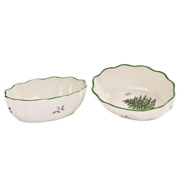 Spode Christmas Tree 6" Oval Fluted Dish (Set of 2), Porcelain Decorative Holiday Serving Platter & Festive Appetizer Dish - Serving Roasted Vegetables, Snacks, Appetizers - Dishwasher Safe