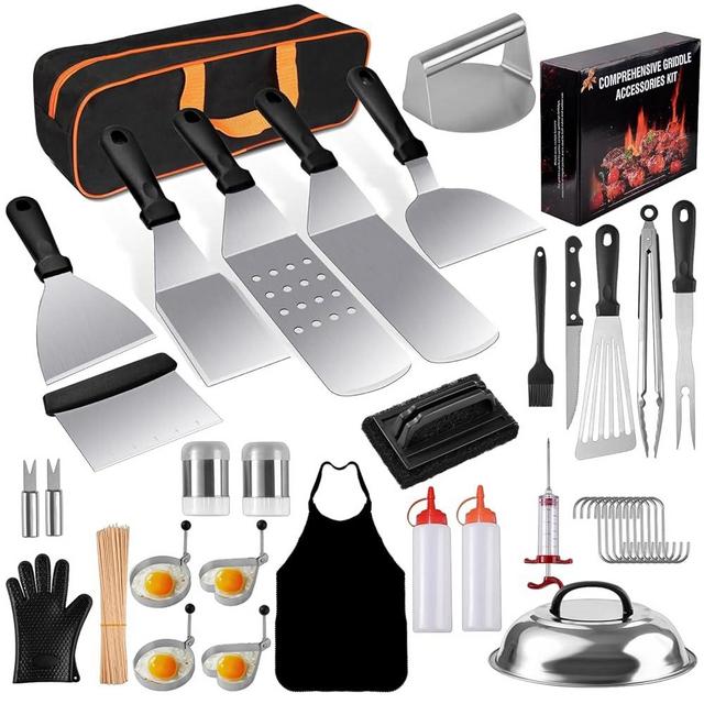 135PCS Blackstone Griddle Accessories, Perfect Flat Top Grill Accessories for Blackstone and Camp Chef, Griddle Spatula Set with Metal Spatula, Enlarged Spatulas, Basting Cover for Outdoor Barbecue