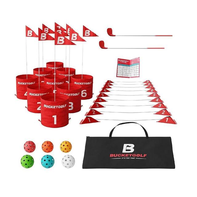 bucketgolf Game 9 Hole Bundle with Clubs - Outdoor Golf Game for All Ages Adults, Kids, Family. Play Golf Anywhere Yards, Beach, Park, Backyard Game. (2 Clubs (2 RH))