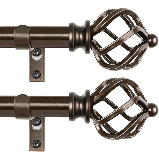 KAMANINA 2 Pack Curtain Rods 32 to 58 Inches (2.6-4.8ft), 3/4 Inch Curtain Rods for Windows Splicing Adjustable Single Drapery Rod with Twisted Cage Finial, for Indoor and Outdoor, Antique Bronze