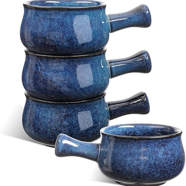 Vicrays French Onion Soup Bowls With Handles, 26 Ounce for Soup, Chili, Beef Stew, Chip Resistant, Dishwasher Microwave Safe, Set of 4 (Strary Blue)