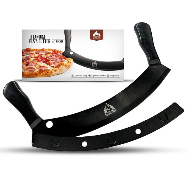 12-Inch Pizza Cutter Rocker Blade – Stainless Steel Mezzaluna Knife with Titanium Coating – Large Professional Pizza Cutter with Protective Cover – Dishwasher Safe