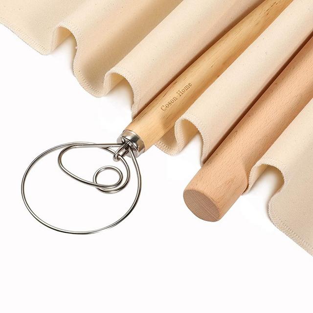 Danish Dough Whisk 13.5" Rolling Pin 13" Bakers Couche Flax Linen Proofing Cloth 18" x 29.5" Pastry Baking Tools Set of 3 for Making Baguettes Bread Cake Pizza