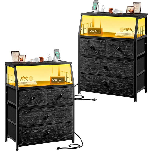 EnHomee Nightstands Set of 2, Bedside Table with Charging Station & LED Lights, End Table with 4 Fabric Drawers, Furniture for Bedroom, Dorm, Closet, Entryway, Wood Top, Black
