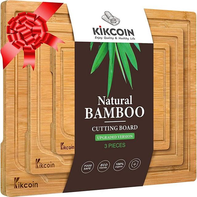 Bamboo Cutting Board, (3-Piece Set) Kitchen Chopping Board with Juice Groove and Handles Heavy Duty Serving Tray Organic Wood Butcher Block and Wooden Carving Board,Light Brown Kikcoin