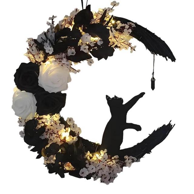 Halloween Wreaths For Front Door, Flower Moon Cat Halloween Home Decoration, Halloween Family Gathering Decoration Wreath，Outdoor, Wall, Closet, Fence, Wreath Halloween (Moon Cat - White)