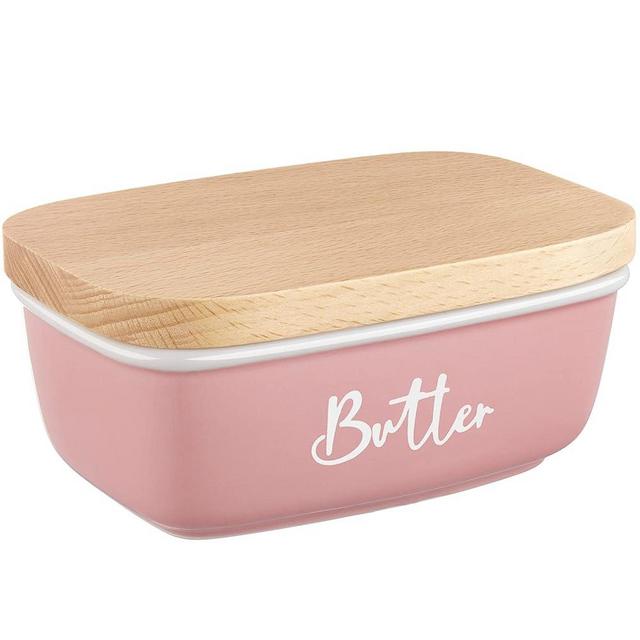 ALELION Pink Butter Dish with Lid for Countertop - Ceramic Farmhouse Butter Keeper Container with Thick Acacia Wood Lid - Pink Kitchen Home Decor and Accessories for Kitchen Gifts