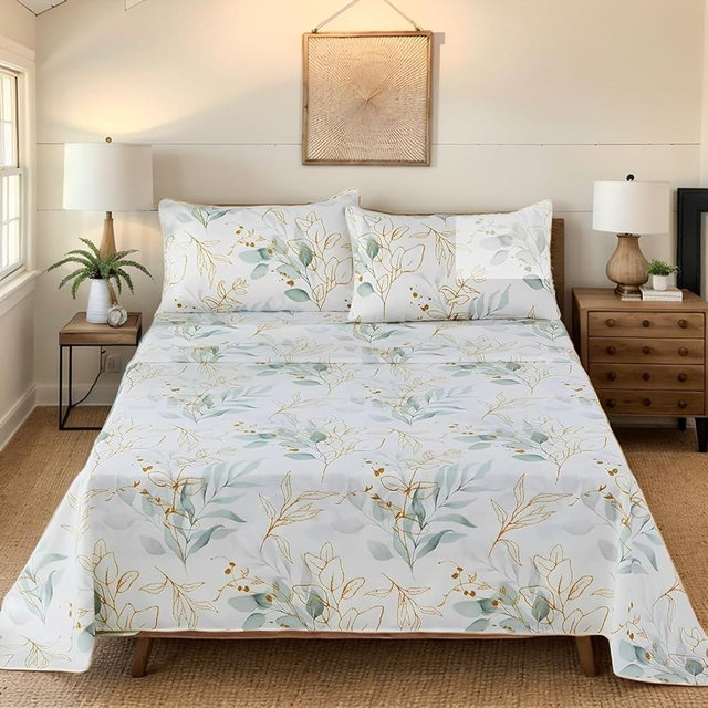 Usfivefam Floral Sheet Set King, Green Leaves Pattern Sheet Gloden Leaves Printed Sheet Set with 17.5" Deep Pocket, 4Pcs Soft Microfiber White Botanical Vintage Floral Sheet for King Size Bed