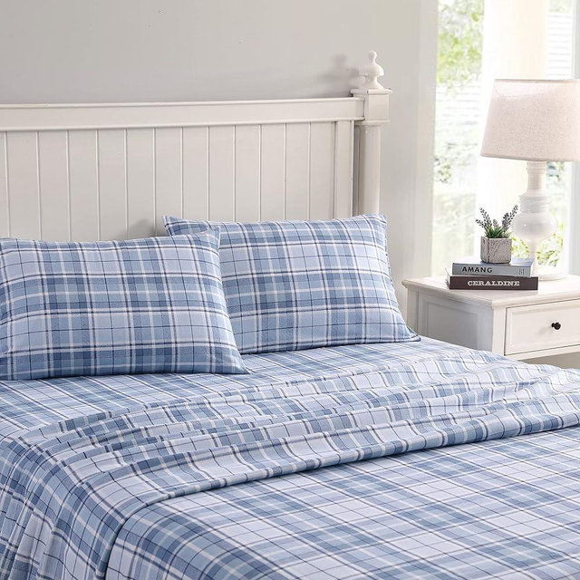 Laura Ashley - Flannel Sheets Full Size, Anti-Pilling & Wrinkle Resistant Cotton, Touchably Soft for All-Season Comfort - Bed Sheets with Matching Pillowcases & Fitted Sheet (Mulholland Plaid Blue)