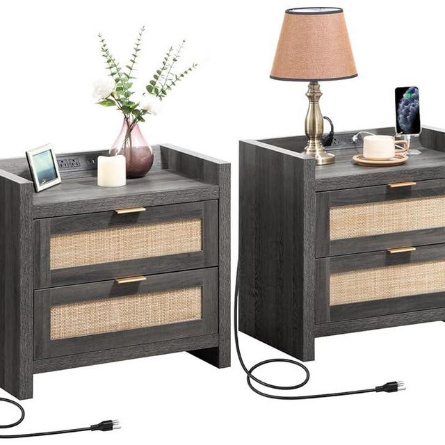 SICOTAS Nightstands Set of 2 Bed Side Stand : Boho Night Stand End Table with Type-C Charging Station, 2 Rattan-Like Decor Drawers Storage Night Stands Bedside Table for Bedroom - Black