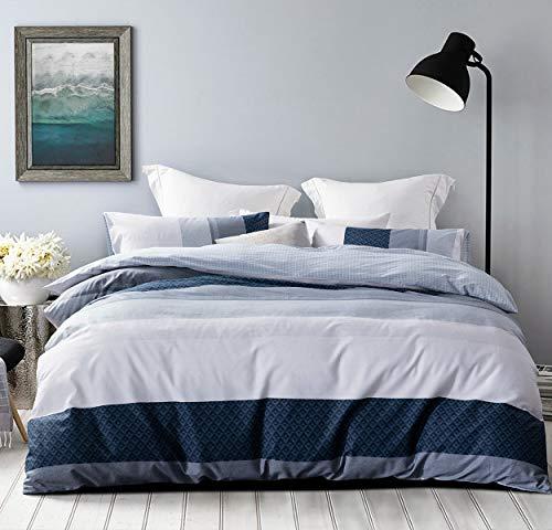 SLEEPBELLA Duvet Cover Set, 600 Thread Count Cotton White and Navy Blue Striped Patchwork Comforter Set Reversible Quilt Cover (Queen, Greekn-Lump)