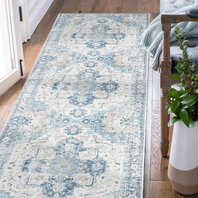 jinchan Area Rug 2x6 Washable Rug Runner Rug Hallway Indoor Vintage Blue Print Rug Retro Distressed Carpet Rug Thin Mat Foldable Accent Rug Lightweight Non Slip Bathroom Kitchen Living Room Bedroom