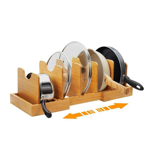 MinBoo Bamboo Expandable Pot Lid Organizer Pot Lid Holder, Pot and Pan Organizer Drawer Organizer for Pot Lids, Adjustable Dividers for Kitchen Cabinet Organizers and Storage with Large Dividers