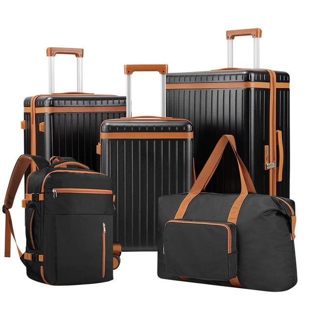 Tidal flash Hardshell Luggage Sets 5 Piece with Backpack, Durable Hardside Suitcases Set with Spinner Wheels and TSA Lock, Black-Brown