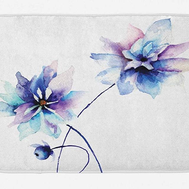 Ambesonne Watercolor Flower Bath Mat, Flower Drawing with Soft Spring Colors Retro Style Floral Artwork, Plush Bathroom Decor Mat with Non Slip Backing, 29.5" X 17.5", White Purple