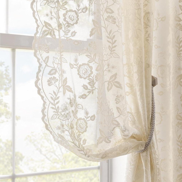 Beige Lace Curtains 54 Inch Length for Bedroom 2 Panels Set Rustic Leaf Floral Pattern Vintage Sheer Lace Curtains Short for Small Windows, Rod Pocket Privacy Sheer Window Lacy Curtains, 42 x 54 Inch