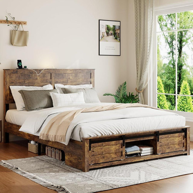 SAMTRA Wooden Queen Size Bed Frame with Headboard, Boho White Farmhouse Storage Bedframe with Sliding Barn Door Footboard and Charging Station, Wood Slats, No Box Spring Needed (Brown, Queen)