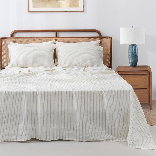 S VICTORY SYMBOL 100% Organic Linen Sheets Set Grey Pinstripe Queen Size 4pcs,Yarn Dyed French Natural Stone Washed Flax Bedding Set,Farmhouse Bed Sheets,Ultra Soft&Breathable