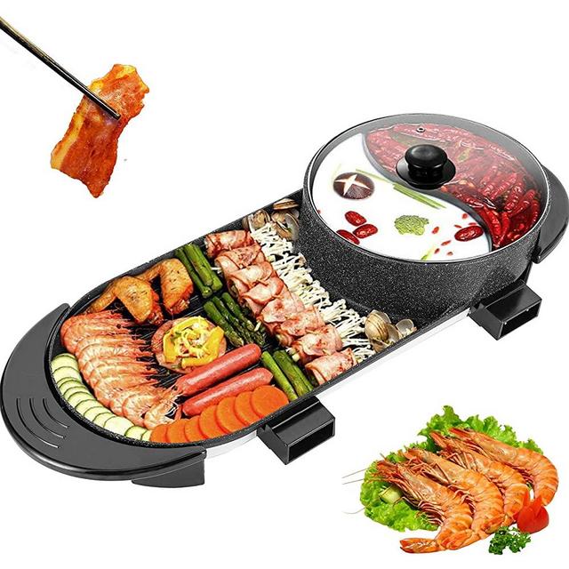 Moongiantgo 2 in 1 Electric BBQ Grill Indoor Hot Pot 2000W Non-Stick Baking Pan Separate Dual SeperateTemperature Control Smokeless Barbecue Machine Suitable for 1-8 People Gatherings (Single, 110V US Plug)
