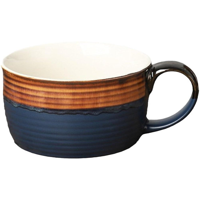 Disoza Blue & Brown Large Coffee Cup Ceramic Soup Mug with Handles 24 OZ Oversized Bowl Porcelain 700 ML Coffee Tea Cup XXL Cereal Bowls Soups Ramen Salad Bowl Coffee Cappuccino Cups Large Soup Bowl