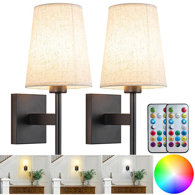 YHCDLAMP Battery Operated Wall Sconces Set of Two,Battery Operated Wall Lights with Remote, Fabric RGB Color Changing Dimmable Wall Lamp for Bedroom Living Room, Easy to Install (Color : Black)
