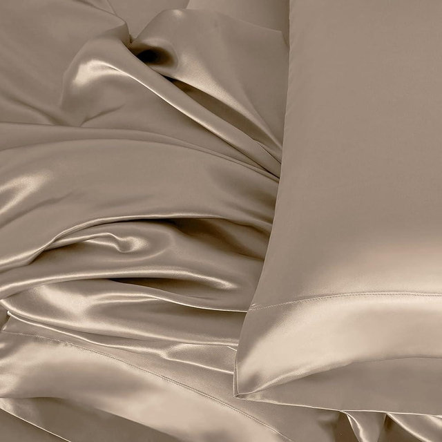 Mulberry Silk Bed-Sheets 4-Piece Bedding Set- 16 Momme Pure 15" Inch Deep Pockets, Authentic - Soft Silk Sheets - Breathable - Promotes Healthy Hair, Skin (Queen, Taupe)
